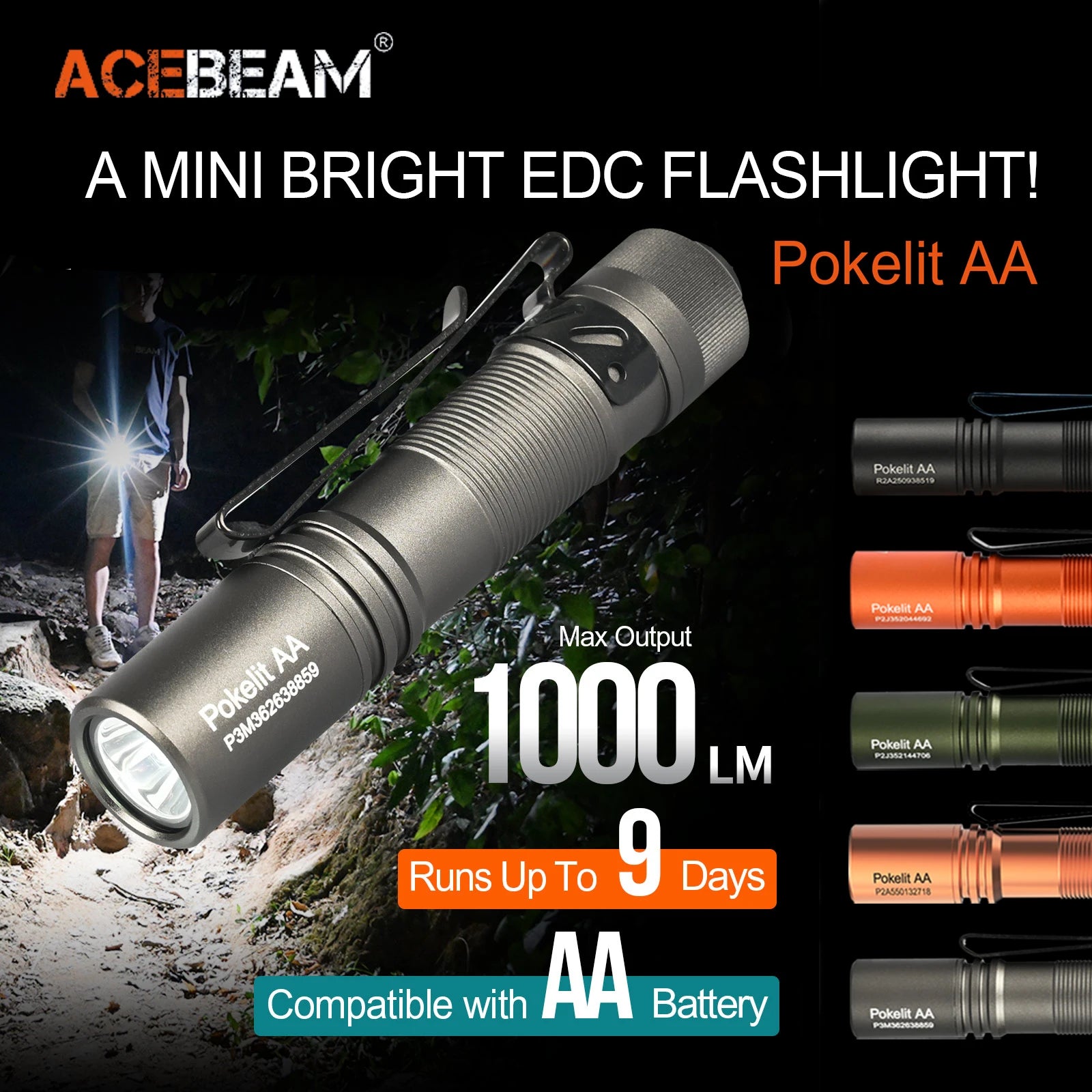 Pokelit AA EDC Flashlight – 1000 Lumens, USB-C Rechargeable, High CRI90 Pocket Torch