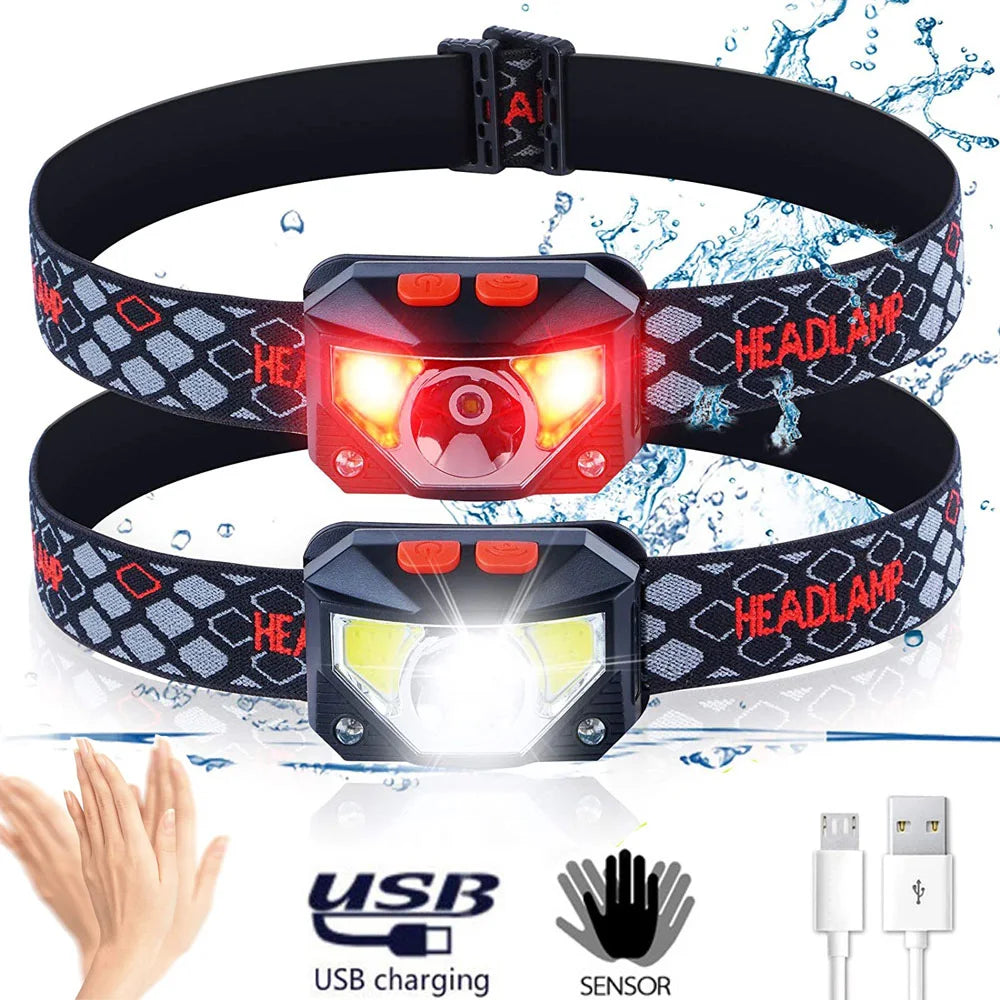 USB Rechargeable 8-Mode LED Headlamp, Motion Sensor Waterproof Headlight, Flashlight USB