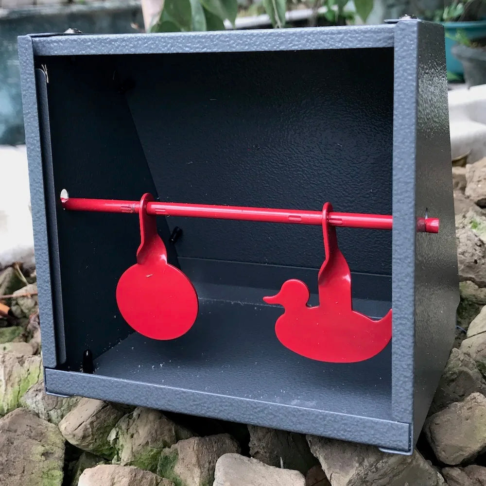 Grey Pellet Trap – 5.5" x 5.5" with Dual Red Spinner Targets for Shooting Practice