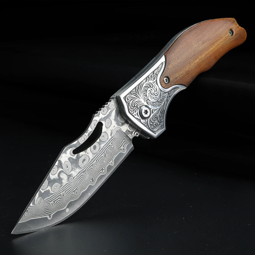 Damascus Pattern Small Folding Knife – Outdoor Survival & Camping Blade
