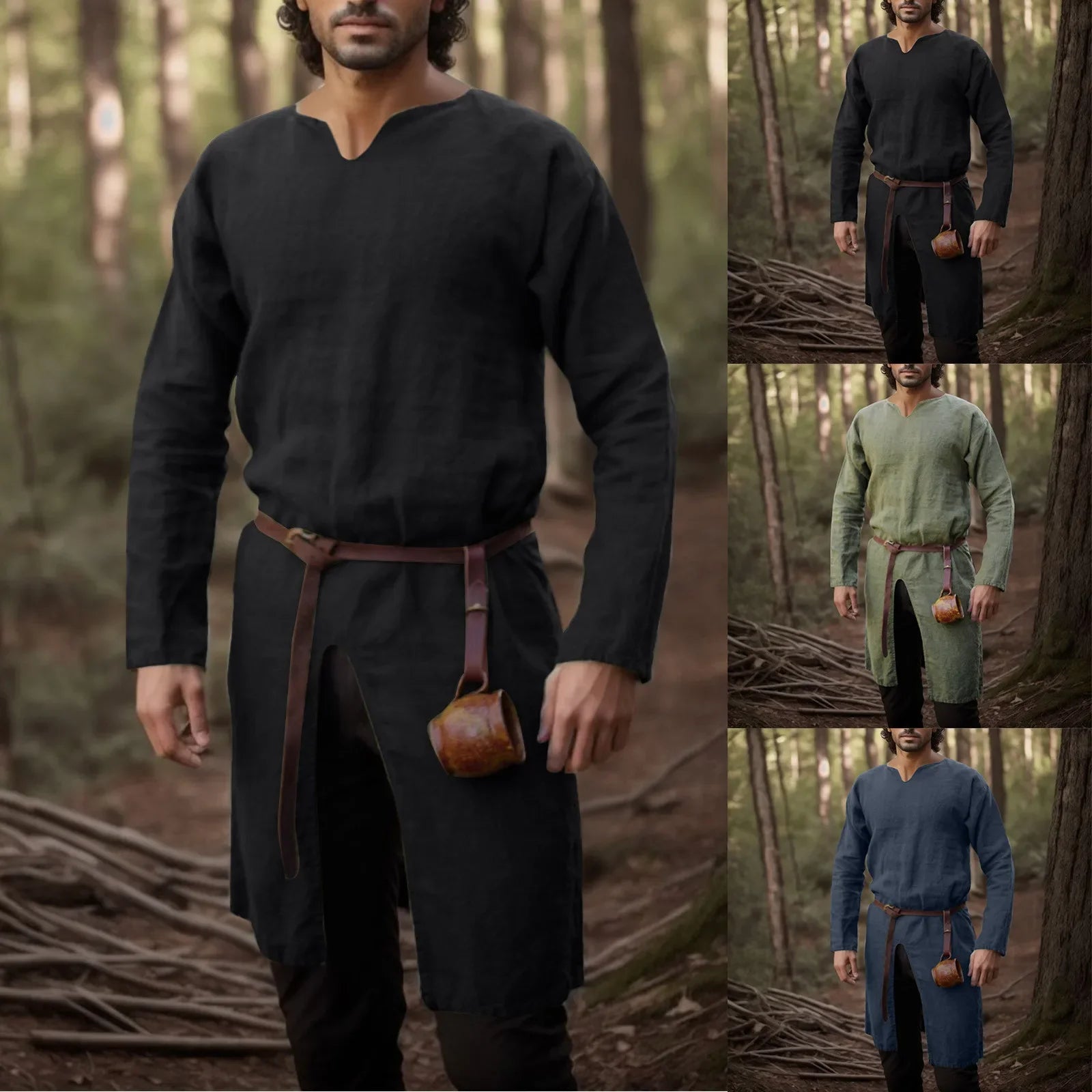 Men's Medieval Renaissance Linen Tunic Shirt – Viking Pirate Cosplay Long Robe