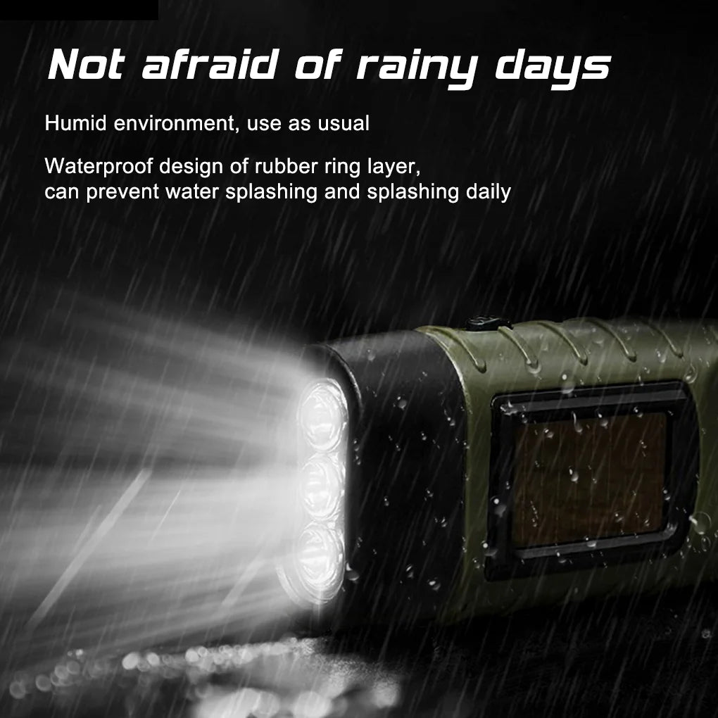 LED Flashlight Hand Crank Solar Powered Rechargeable Survival Torch for Fishing Hiking Boating