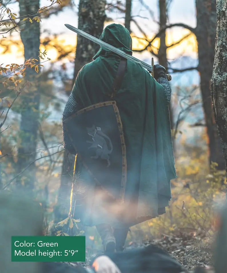 Medieval Ranger Cloak – 100% Linen Hooded Cloak with Leather Closure, 6 Colors