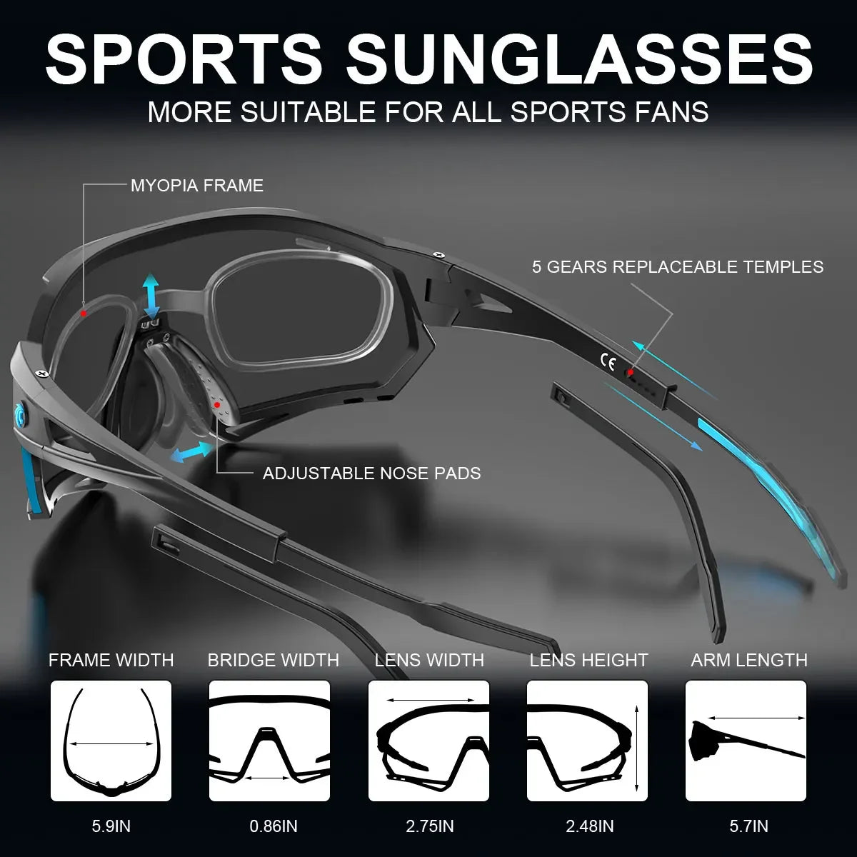 Polarised Cycling Sunglasses with 5 Interchangeable Lenses for Outdoor Sports