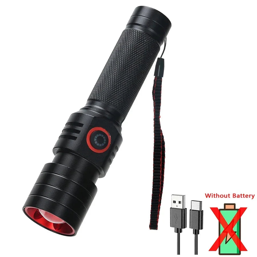 LED Tactical Flashlight, Type-C Rechargeable Waterproof Zoom Torch, White Laser Retractable, Outdoor