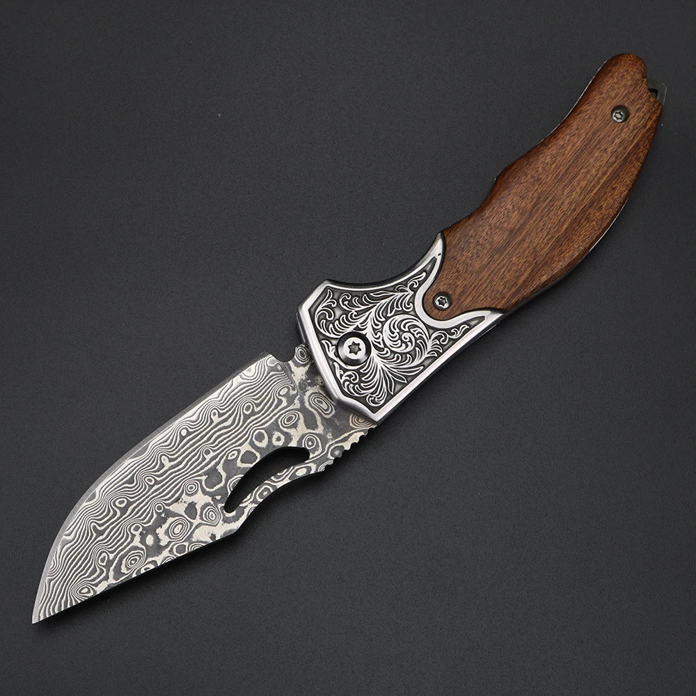 Damascus Pattern Small Folding Knife – Outdoor Survival & Camping Blade
