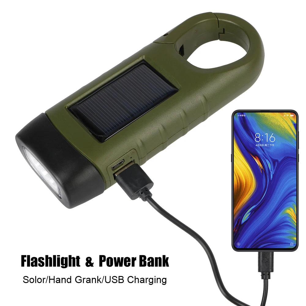 Rechargeable Solar Hand Crank Flashlight with Power Bank – Survival Gear