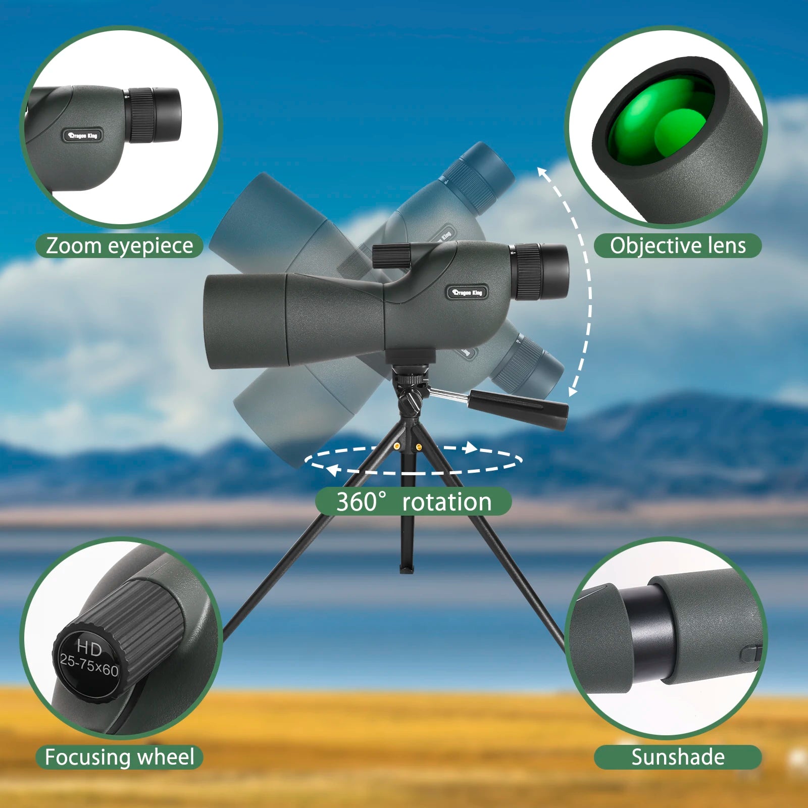25-75x60 Zoom Spotting Scope Monocular for Bird Watching & Target Shooting