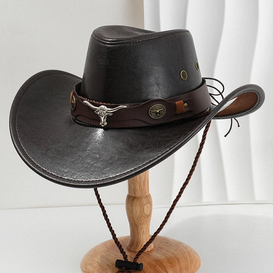 Unisex Vintage Faux Leather Western Cowboy Hat – Outdoor Gentleman Cowgirl Jazz Cap Sombrero Hombre