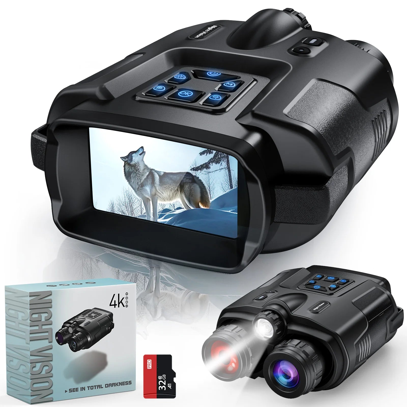 4K Night Vision Binoculars with 3" LCD, 8X Zoom, 5000mAh Battery & 32GB Storage
