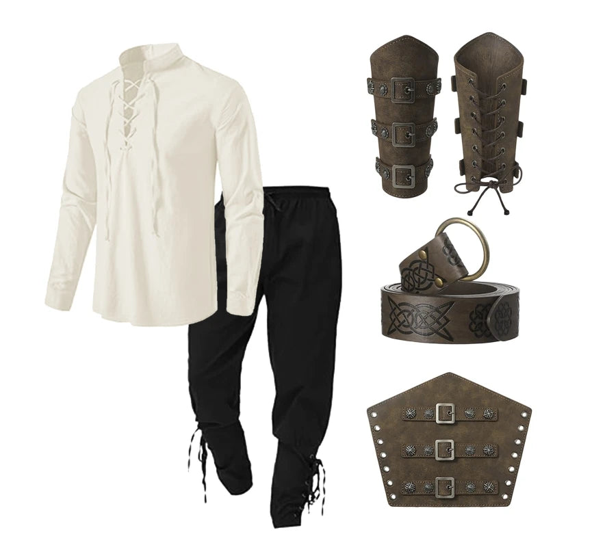 4-Piece Men's Renaissance Pirate Costume Set – Shirt, Pants, Belt & Accessories
