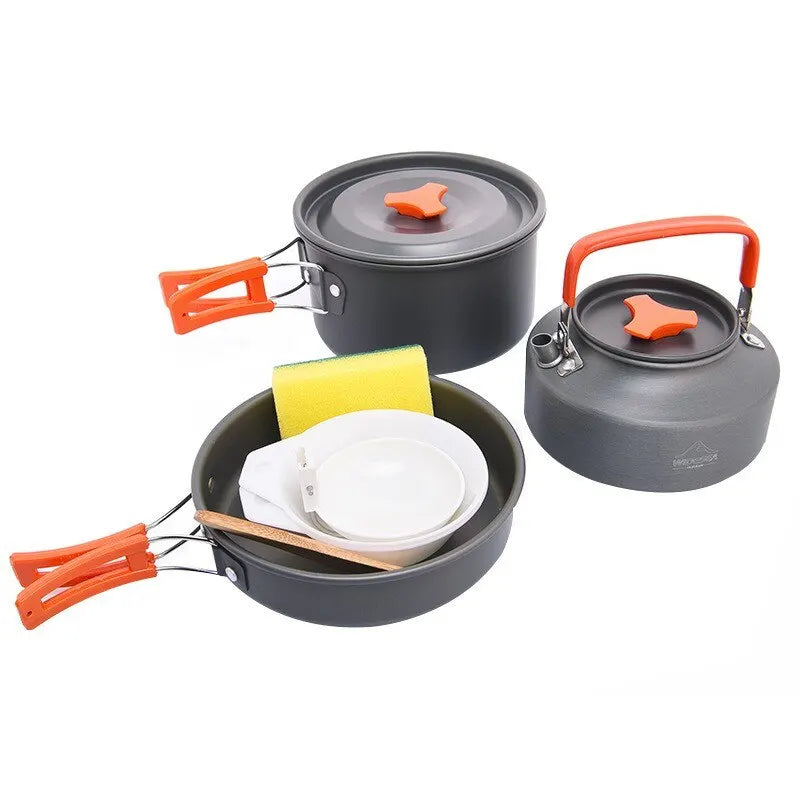 Camping Cookware Set with Foldable Pots and Tableware for Outdoor Cooking