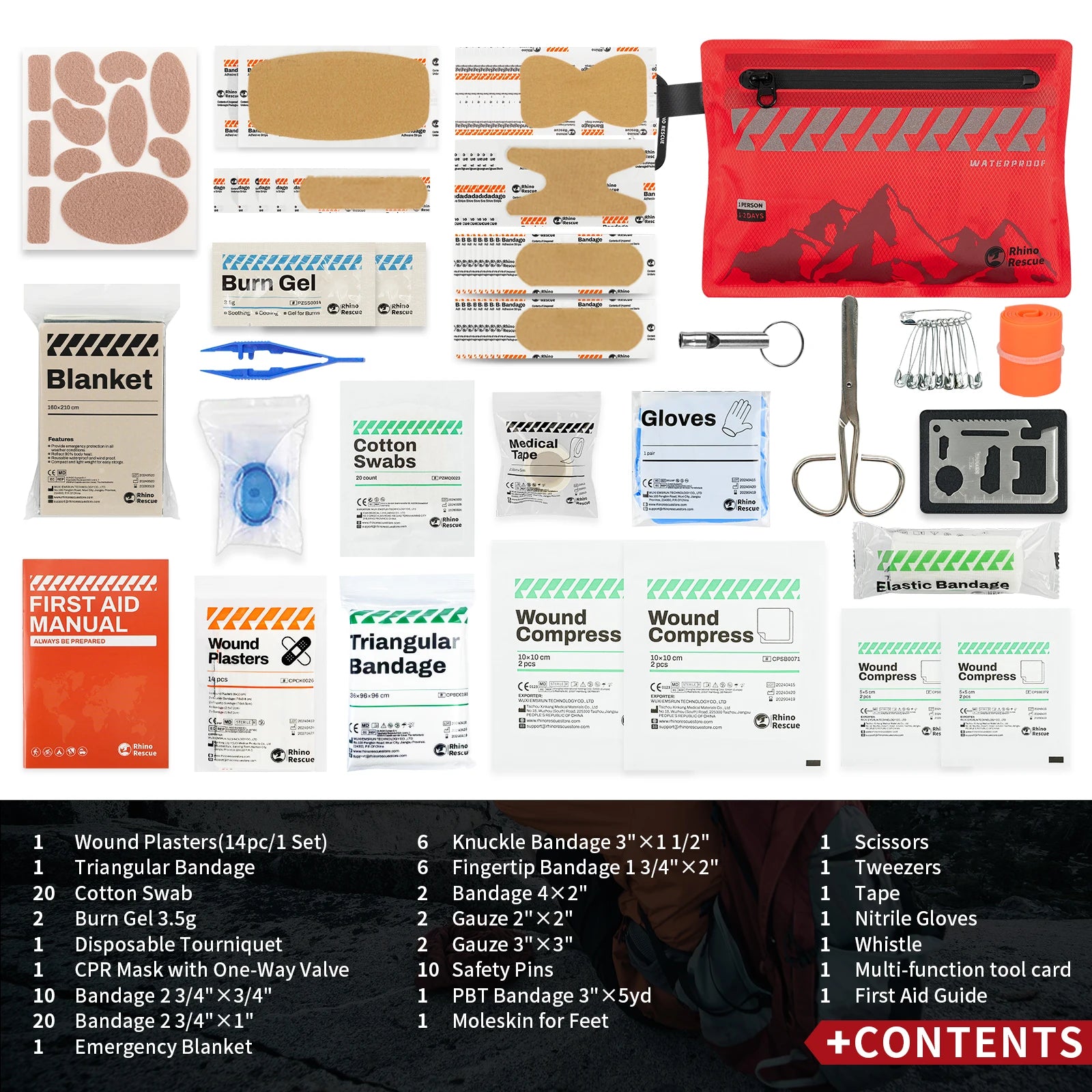 Rhino Rescue Mini First Aid Kit, Waterproof 107-Piece Travel & Outdoor Medical Kit, Ultralight