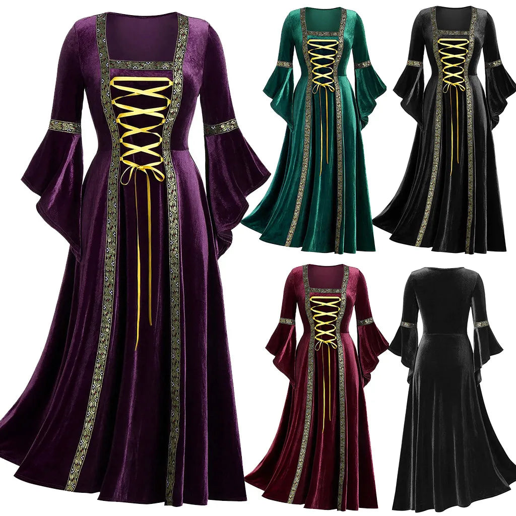 Plus Size Patchwork Bandage Long Sleeve Dress – Casual Floor-Length Robe for Women