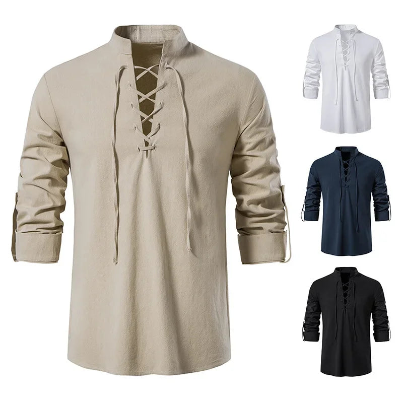 Men's Cotton Linen Vintage Shirt – Casual Long Sleeve Pirate Yoga Tee with Slanted Placket