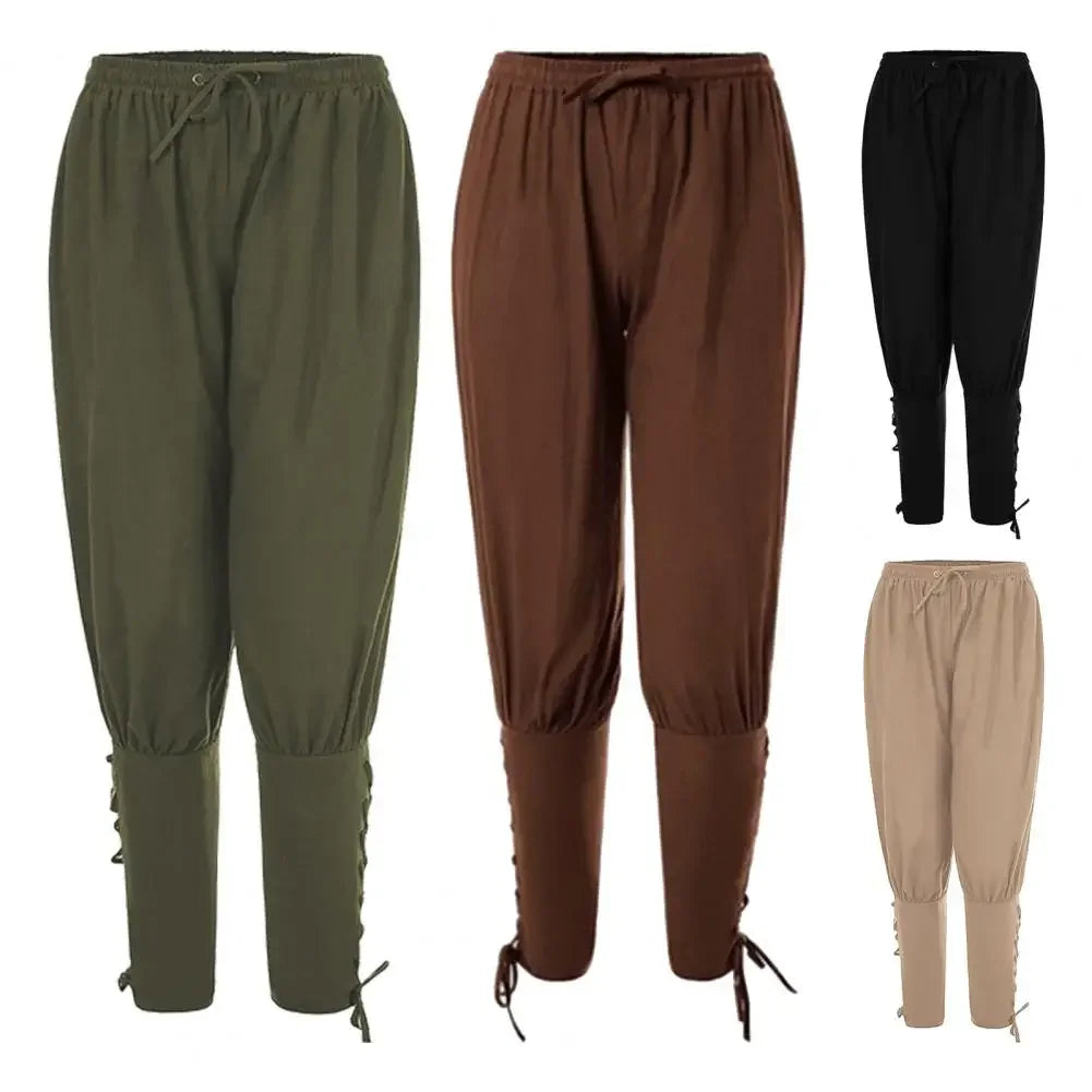 Men's Medieval Pirate Pants – Loose Linen Trousers with Leg Bandages for Cosplay & Renaissance Fairs