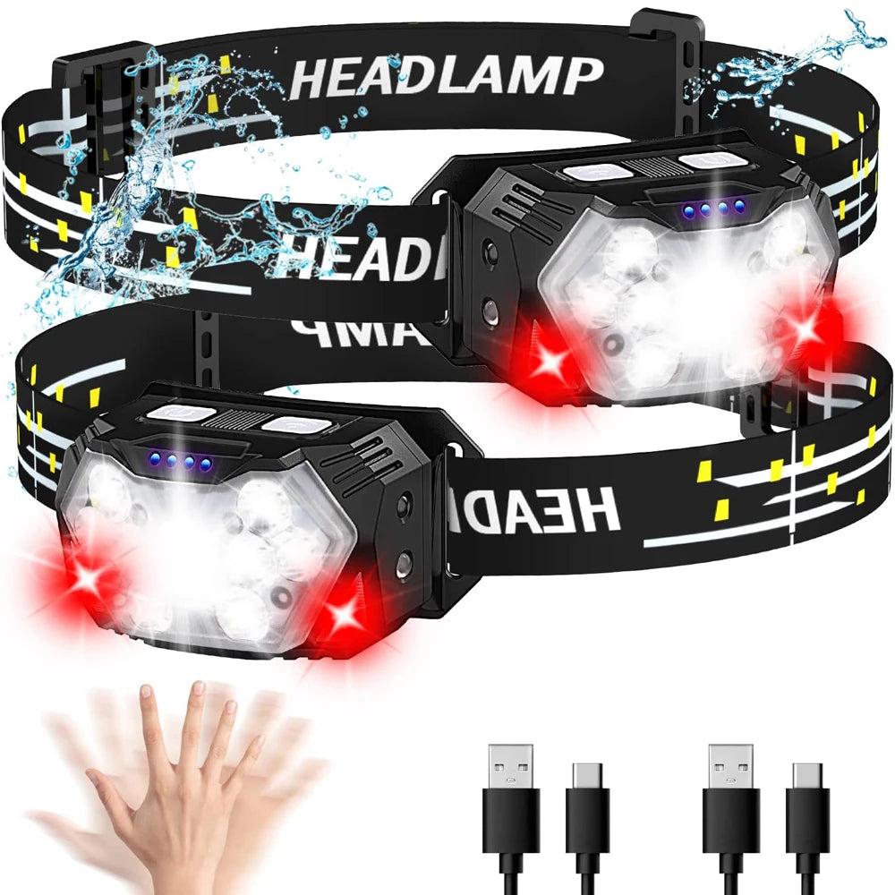 2000LM Rechargeable, Bright 9-LED Headlamp, Waterproof Motion Sensor Headlight, USB C Head Lamp