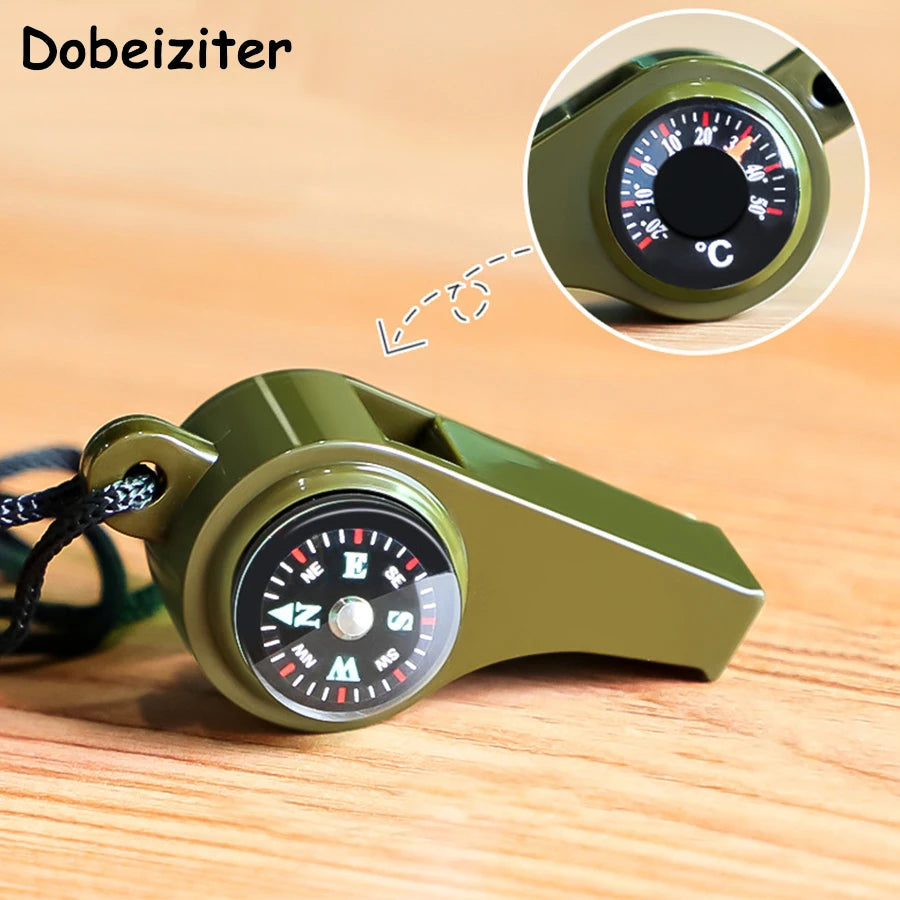 High Decibel Emergency Rescue Whistle with Compass, Thermometer, and Keychain for Camping & Hiking