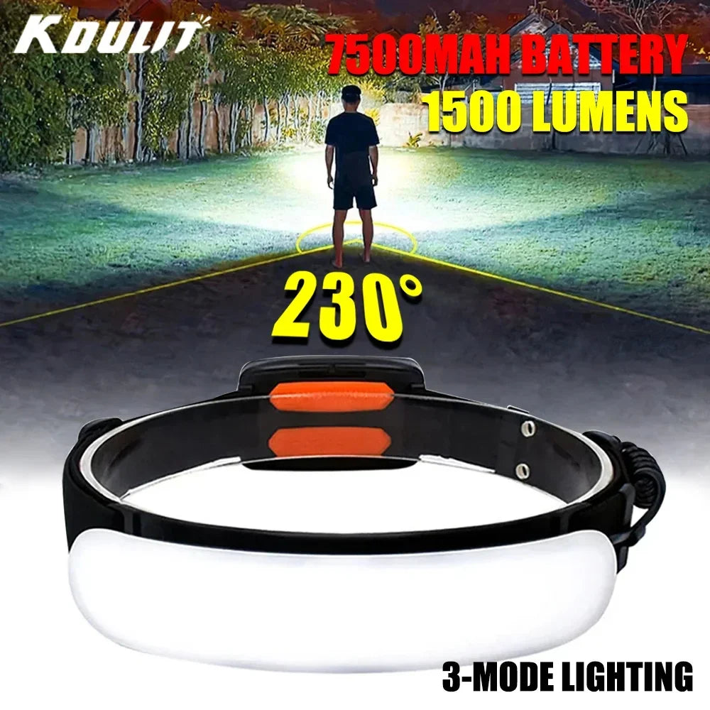 1500LM Rechargeable LED Headlamp 7500mAh COB Wide Beam Waterproof Headlight for Camping