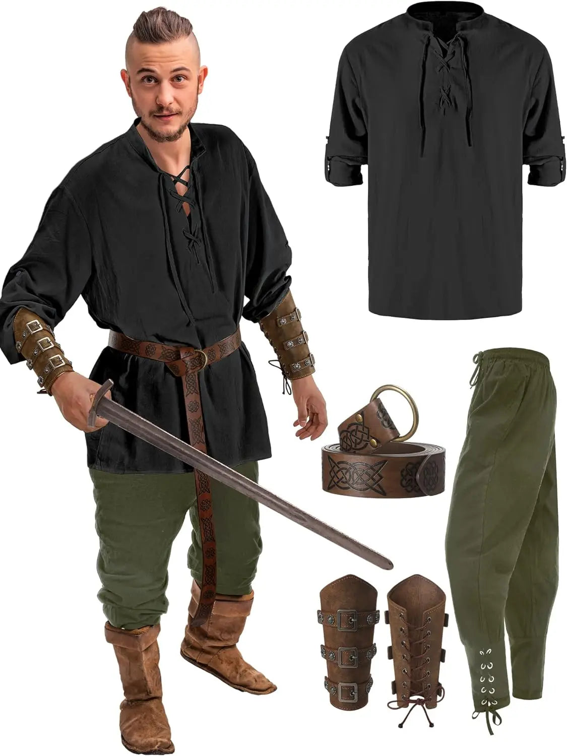 4-Piece Men’s Renaissance Pirate Costume Set – Medieval Shirt, Pants, Viking Belt & Accessories