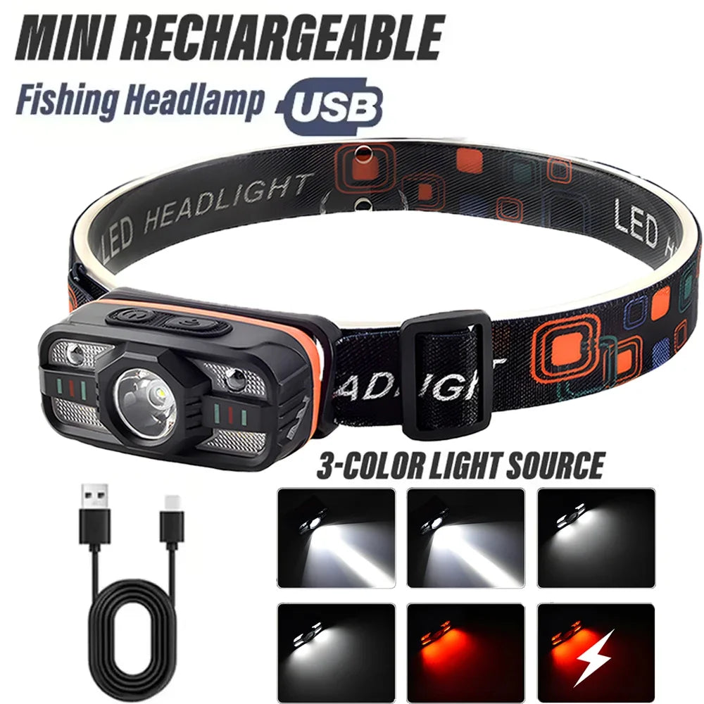 USB Rechargeable LED Headlamp – 6-Mode Portable Light with Built-in Battery for Fishing, Camping