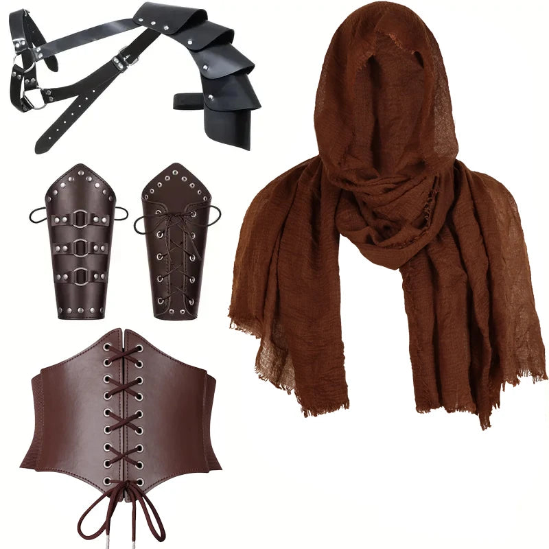 Medieval Knight Renaissance Accessories Set – PU Leather Belt, Cape & Gauntlet Bracers 5pcs