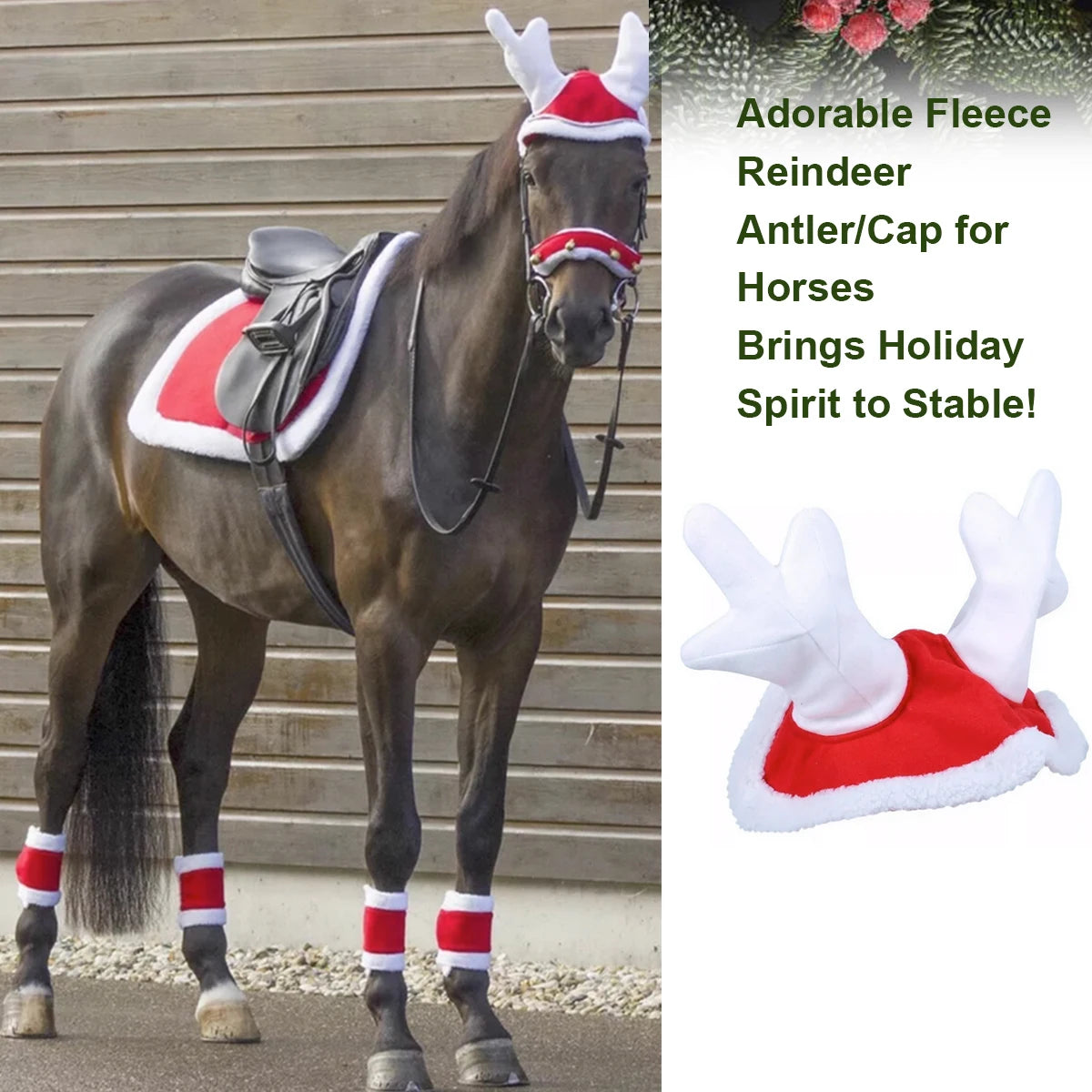 Christmas Horse Antler Cap – Festive Polyester Hat for Horses with Cute Reindeer Design