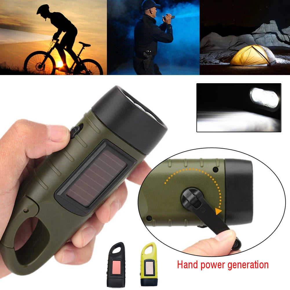 LED Flashlight Hand Crank Solar Powered Rechargeable Survival Torch for Fishing Hiking Boating