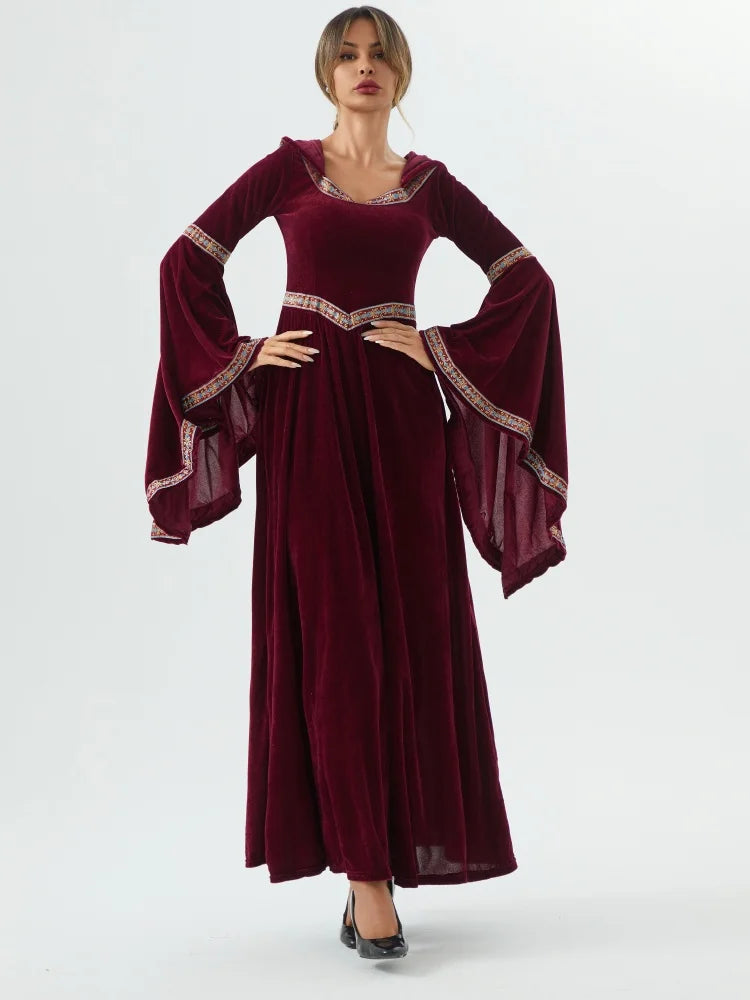 Gothic Witch Long Hoodie Dress – Medieval Retro Halloween Costume for Women