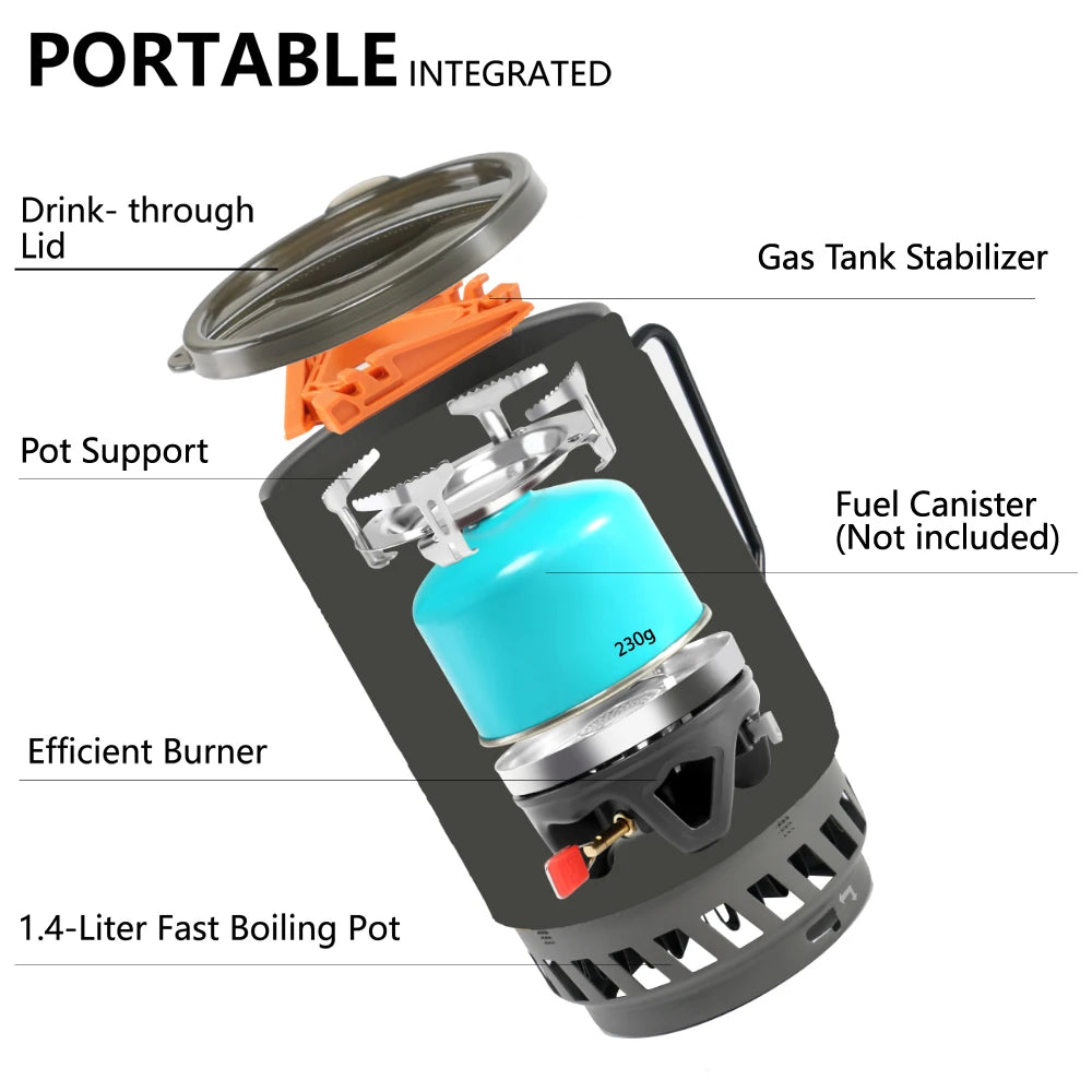 Portable Camping Cooking System with 1400ml Pot & Gas Stove for Outdoor Use