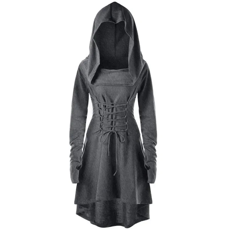 Medieval Cosplay Archer Costume – Hooded Robe Lace Up Pullover Hoodie Dress Cloak for Halloween