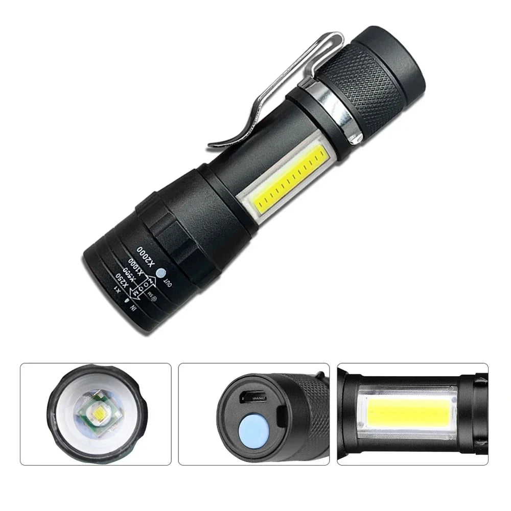 USB Rechargeable Mini Flashlight | Zoomable 3-Mode COB+XPE LED Torch, Portable Built-in Battery