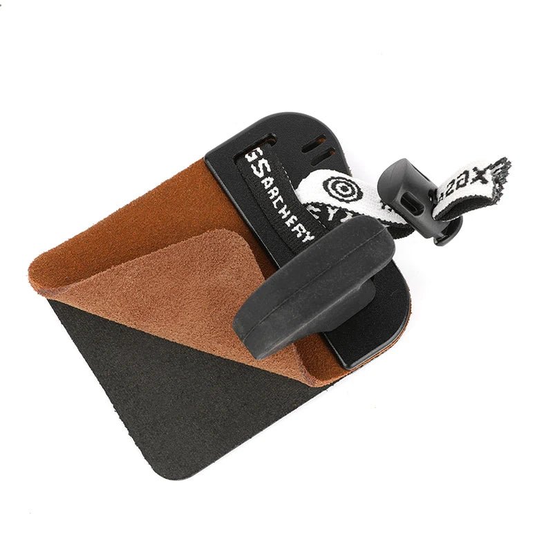 Archery release aid with brown and black design on a white background