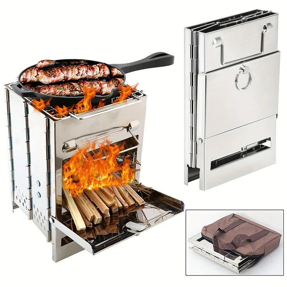 Foldable Stainless Steel Wood Stove – Portable Camping Grill with Mini Charcoal BBQ Function