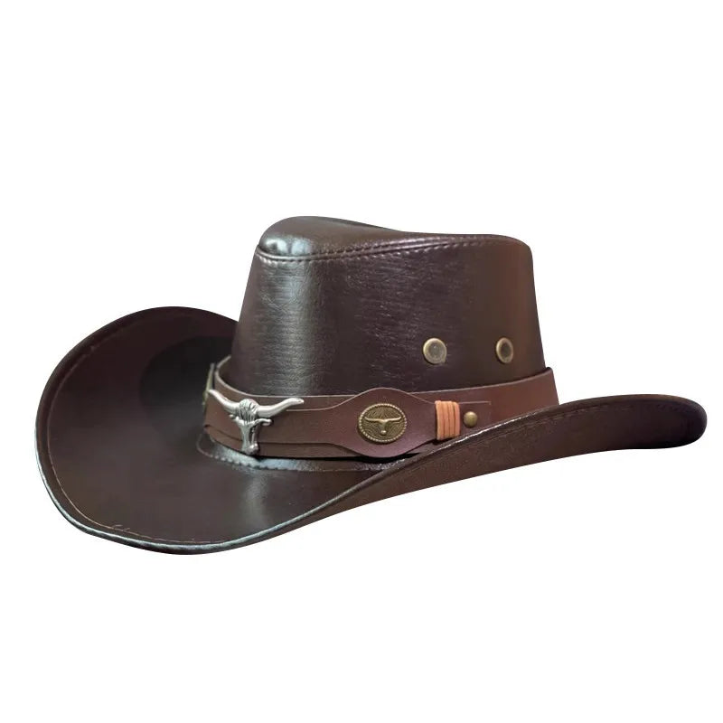 Faux Leather Western Cowboy Hat – Vintage Panama Cowgirl Jazz Cap for Men & Women
