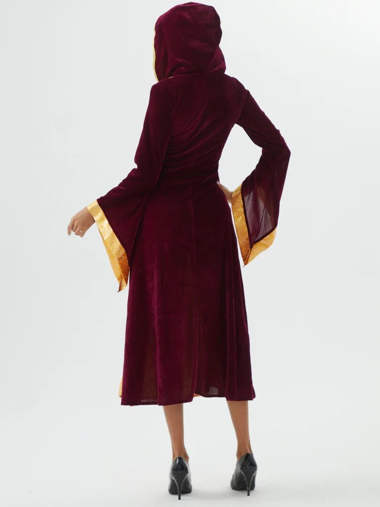 Gothic Witch Long Hoodie Dress – Medieval Retro Halloween Costume for Women