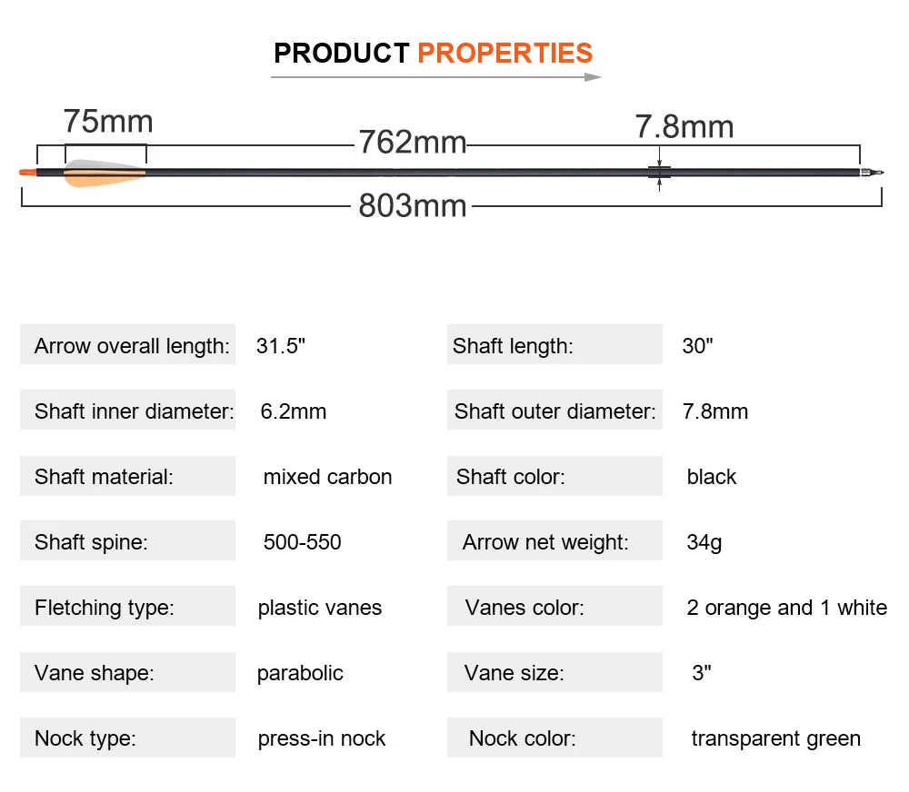 31.5" mixed carbon arrows – 7.8mm spine 500 for recurve & compound bow shooting (TPU feathers)