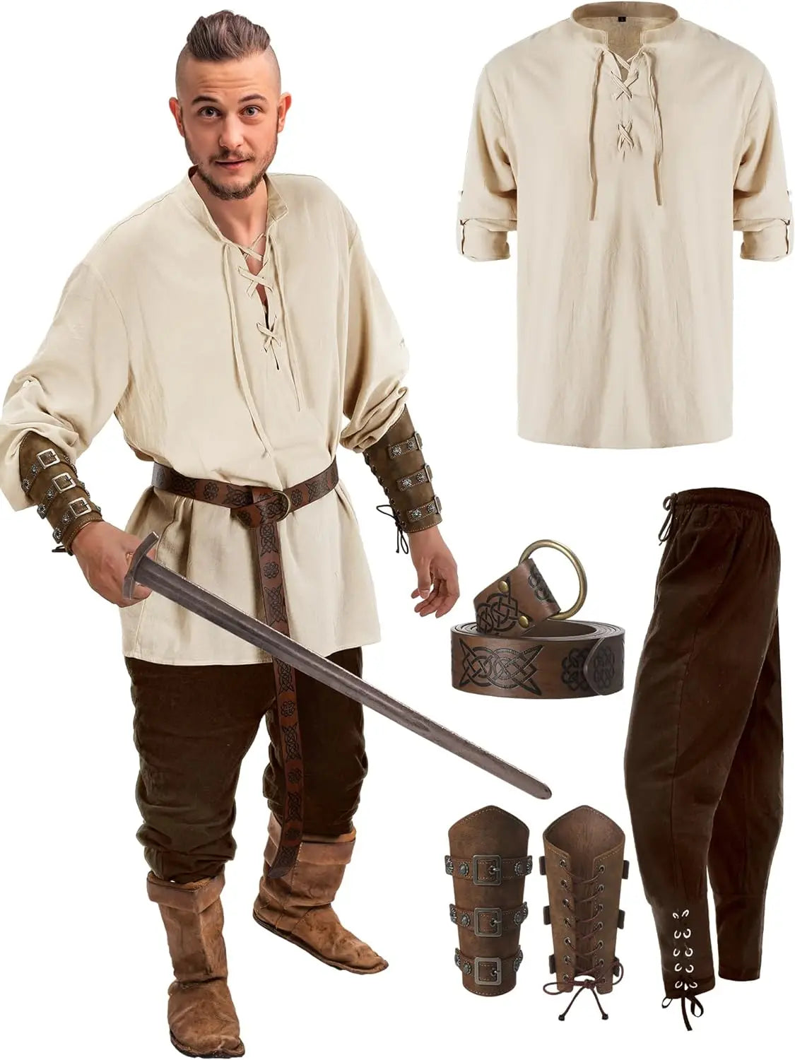 4-Piece Men’s Renaissance Pirate Costume Set – Medieval Shirt, Pants, Viking Belt & Accessories