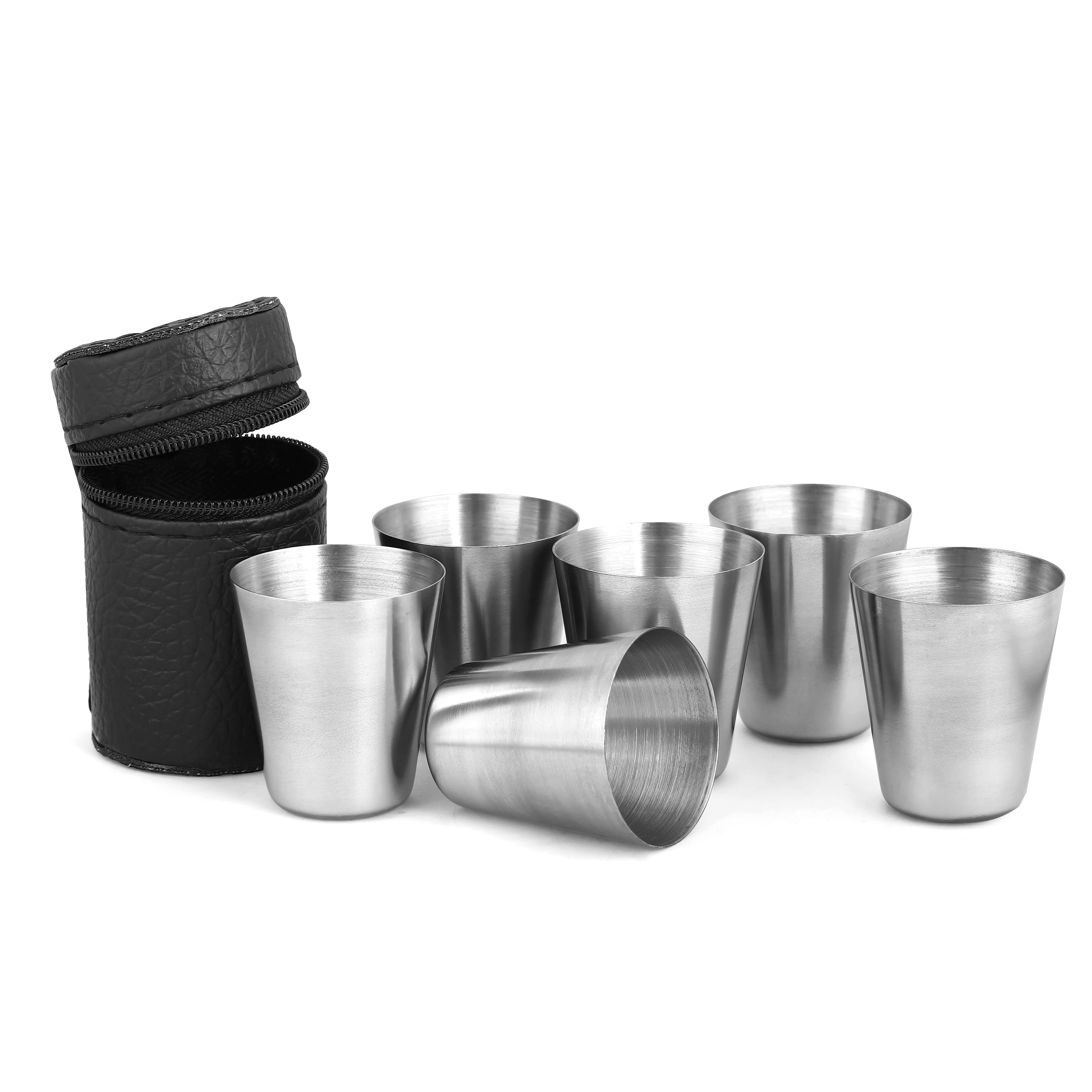 Stainless Steel Travel Cups Set with Case – 4 or 6 Mini Whisky Glasses