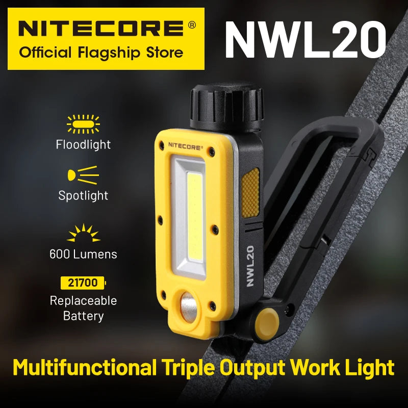 NWL20 USB-C Rechargeable Work Light – 600 Lumens, Magnetic Base, Adjustable Angle, Triple Output