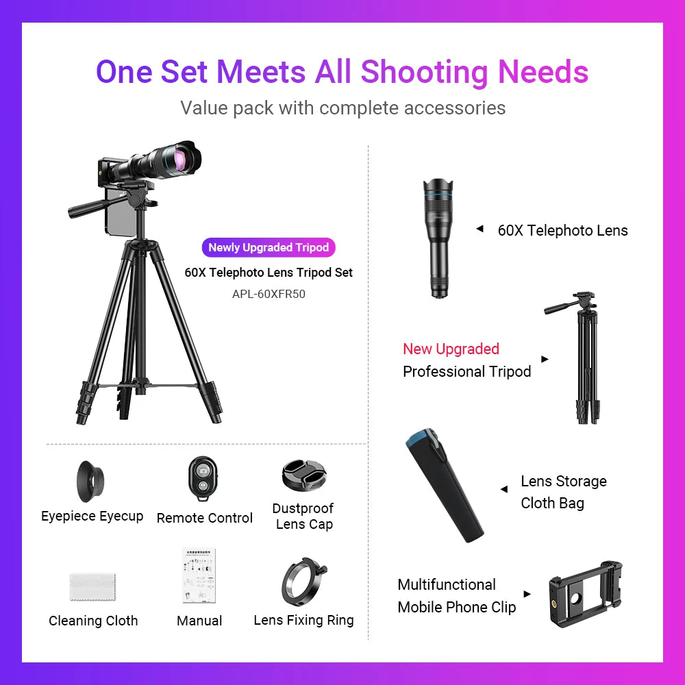 60X Mobile Phone Telescope Lens with Tripod for Long-Distance Photography