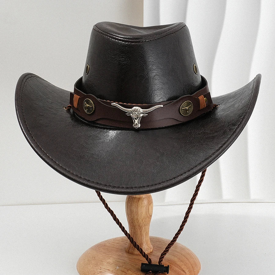 Unisex Vintage Faux Leather Western Cowboy Hat – Outdoor Gentleman Cowgirl Jazz Cap Sombrero Hombre