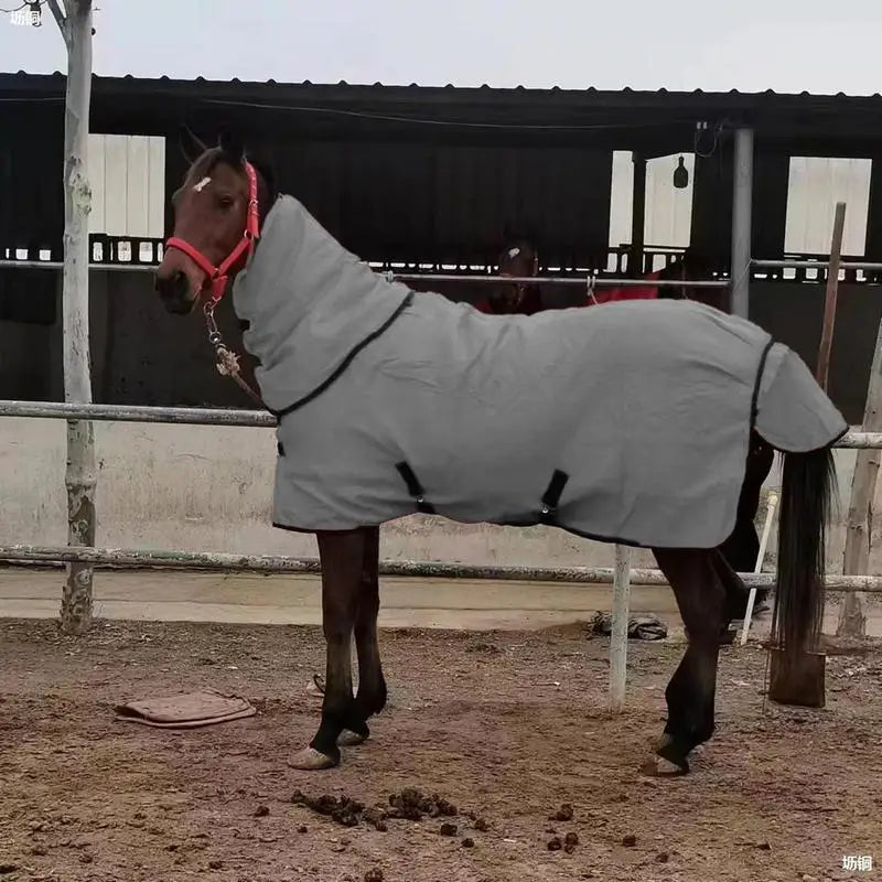 Winter Waterproof Horse Blanket with Neck Cover – Warm Flannel Turnout Sheet with Cotton Filling