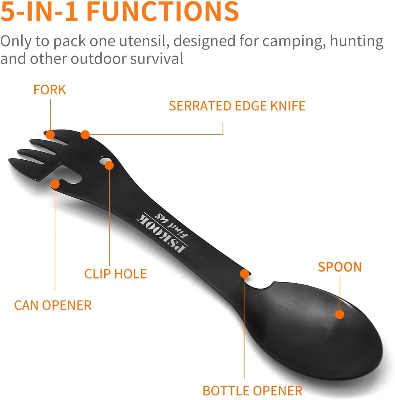 5-in-1 Tactical Spork – Stainless Steel Spoon, Fork, Knife, Can & Bottle Opener Camping Utensil Set