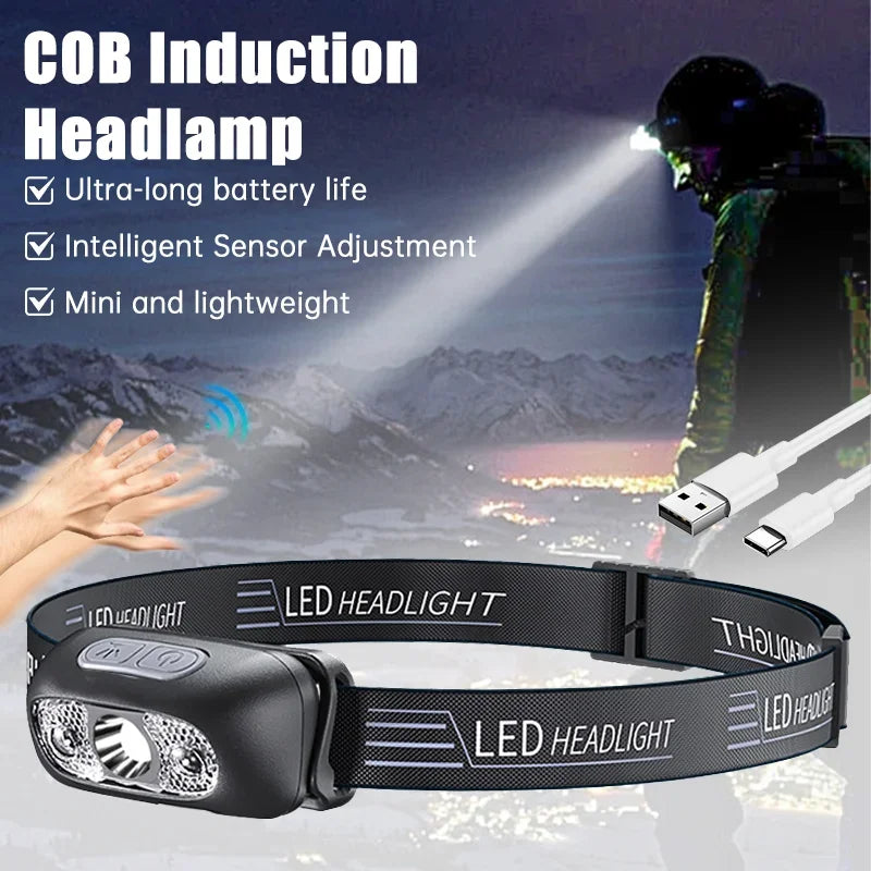 Portable USB Sensor Headlamp | Rechargeable LED Head Torch for Camping & Fishing