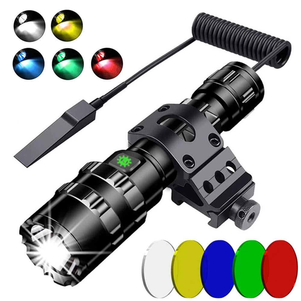 LED Tactical Hunting Flashlight – USB Rechargeable L2 Torch with Gun Mount + Remote Switch