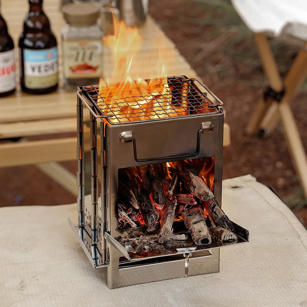 Foldable Stainless Steel Wood Stove – Portable Camping Grill with Mini Charcoal BBQ Function