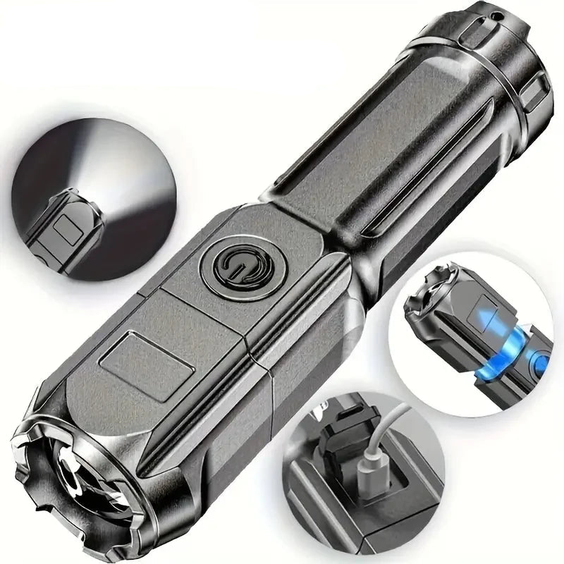 Rechargeable LED Tactical Flashlight, Telescopic Zoom & Waterproof Design, USB Portable Spotlight