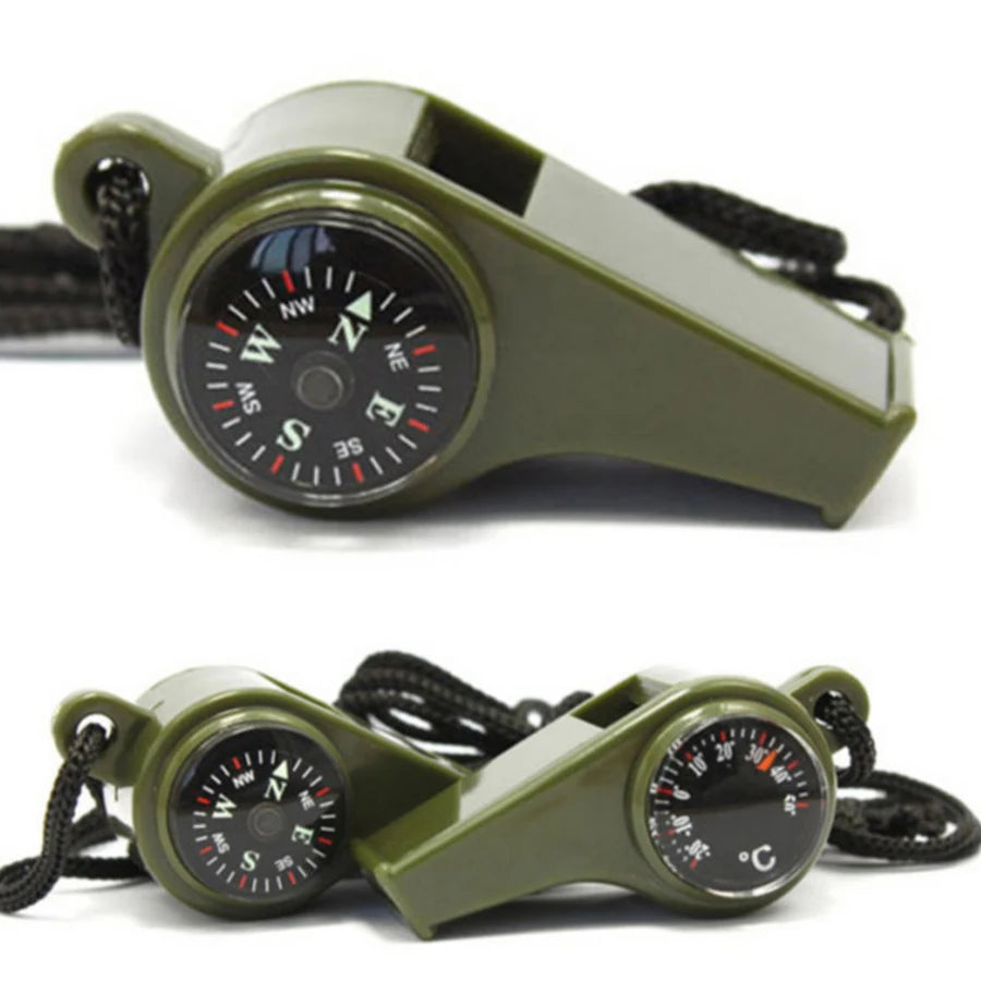 High Decibel Emergency Rescue Whistle with Compass, Thermometer, and Keychain for Camping & Hiking