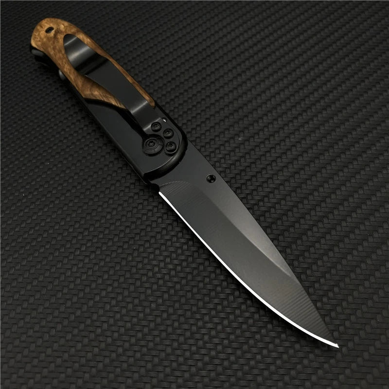 BM DA44 Survival Pocket Folding Knife – Wood Handle with Titanium-Plated Blade for Tactical EDC Use